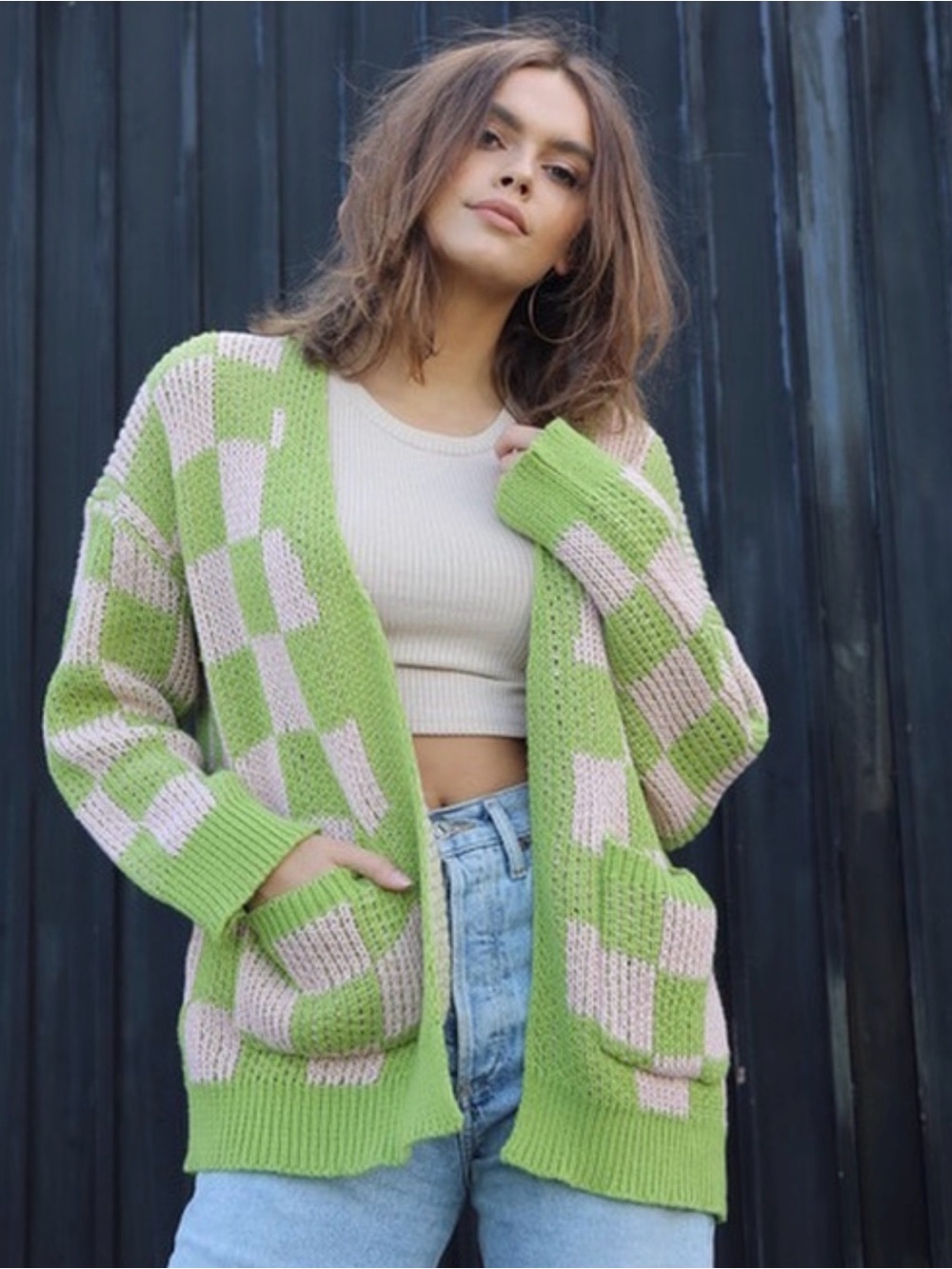 Woven Heart lime green and cream checkered cardigan XS